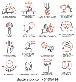 Vector set of 16 icons related to business ethics, organizational behavior in the workplace and workplace incivility. Mono line pictograms and infographics design elements - part 2