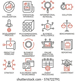 Conjunto vetorial de 16 ícones relacionados à inteligência empresarial, processamento analítico e inferência estatística. Pictogramas de linha mono e elementos de design de infográficos