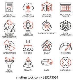 Vector set of 16 icons related to business intelligence, strategy management system and balanced scorecard. Mono line pictograms and infographics design elements