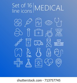 Vector Set of 16 line icons of medical theme on a gradient background. 