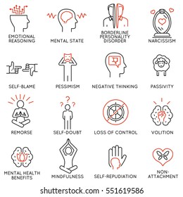 Vector set of 16 linear icons related to mindfulness, awareness, consciousness and mental conditions. Mono line pictograms and infographics design elements 