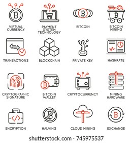 Conjunto vectorial de 16 iconos lineales relacionados con la moneda virtual, dinero digital, minería de criptomoneda y bitcoin. Pictogramas de línea monocroma y elementos de diseño infográfico 