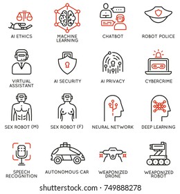 Vector Set Of 16 Linear Icons Related To Artificial Intelligence Ethics And Machine And Deep Learning. Mono Line Pictograms And Infographics Design Elements 