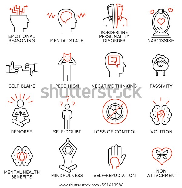 Vector set of 16 linear\
icons related to mindfulness, awareness, consciousness and mental\
conditions. Mono line pictograms and infographics design elements\
