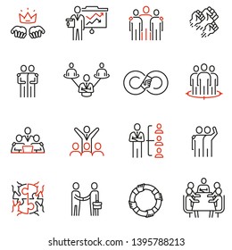 Vector set of 16 linear quality icons related to team work, human resources, business interaction. Mono line pictograms and infographics design elements - part 3