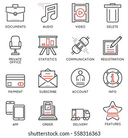 Vector set of 16 linear quality icons related to business management and processes. Basic mono line pictograms and infographics design elements for navigation - part 2