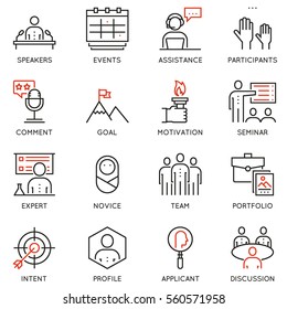 Vector set of 16 linear quality icons related to business management, strategy, career progress and business process. Mono line pictograms and infographics design elements - part 1