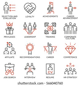 Vector set of 16 linear quality icons related to business management, strategy, career progress and business process. Mono line pictograms and infographics design elements - part 2