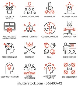 Vector set of 16 linear quality icons related to business management, strategy, career progress and business process. Mono line pictograms and infographics design elements - part 4