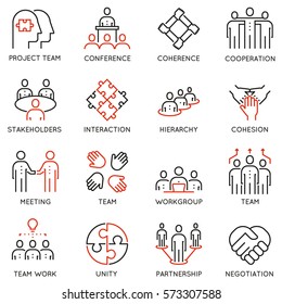 Vector set of 16 linear quality icons related to team work, career progress and business process. Mono line pictograms and infographics design elements 