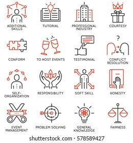 Vector set of 16 linear quality icons related to business management, strategy, career progress and business process. Mono line pictograms and infographics design elements - part 6