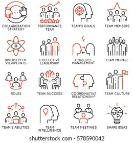 Vector set of 16 linear quality icons related to team work, career progress and business process. Mono line pictograms and infographics design elements - part 2