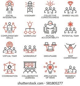 Vector set of 16 linear quality icons related to team work, career progress and business process. Mono line pictograms and infographics design elements - part 3