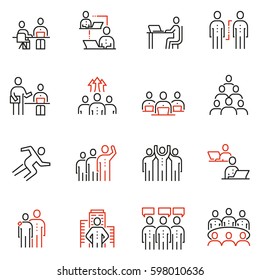 Vector set of 16 linear quality icons related to team work, human resources, business interaction. Mono line pictograms and infographics design elements