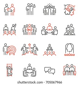 Vector set of 16 linear quality icons related to team work, human resources, business interaction. Mono line pictograms and infographics design elements - part 2
