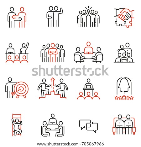 Vector set of 16 linear quality icons related to team work, human resources, business interaction. Mono line pictograms and infographics design elements - part 2