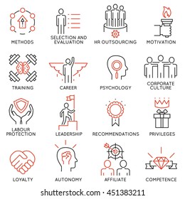 Vector set of 16 linear thin icons related to striving for success, leadership development, career progress and personal training. Mono line pictograms and infographics design elements - part 1
