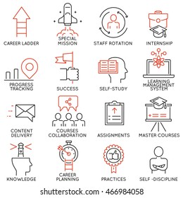 Vector set of 16 linear thin icons related to striving for success, leadership development, career progress and personal training. Mono line pictograms and infographics design elements - part 4