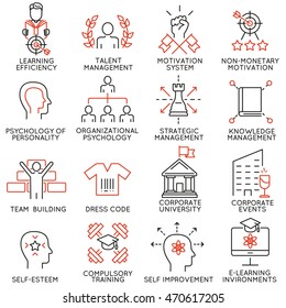 Vector set of 16 linear thin icons related to striving for success, leadership development, career progress and personal training. Mono line pictograms and infographics design elements - part 6