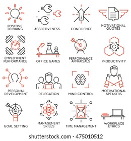 Vector set of 16 linear thin icons related to striving for success, leadership development, career progress and personal training. Mono line pictograms and infographics design elements - part 7