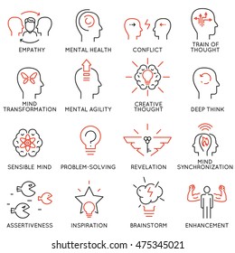 Vector set of 16 linear thin icons related to striving for success, leadership development, career progress and personal training. Mono line pictograms and infographics design elements - part 8