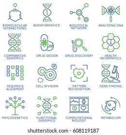 Conjunto vetorial de 16 ícones finos lineares relacionados à bioinformática e bioengenharia. Pictogramas de linha mono e elementos de design de infográficos