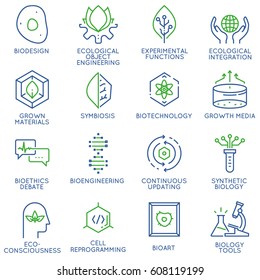 Vector set of 16 linear thin icons related to bio design, biotechnology and bioengineering. Mono line pictograms and infographics design elements