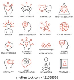Vector set of 16 modern thin line icons related to mental features of human brain process, mental disorders. Simple Mono line pictograms and infographics design elements and symbols - part 2