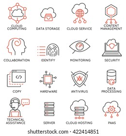 Vektorsatz von 16 modernen Thin-Line-Symbolen für Cloud-Computing-Dienste und Datenspeicherung. Einfache Piktogramme und Infografik-Design-Symbole - Teil 1