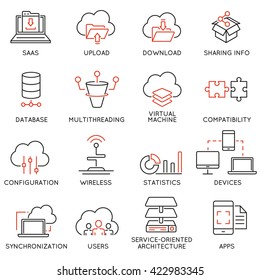 Vector set of 16 modern thin line icons related to cloud computing service and data storage. Simple mono line pictograms and infographics design symbols - part 2