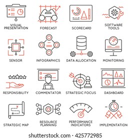 Vector Set of 16 Modern Thin Line Icons Related to Strategy Management System and Balanced Scorecard. Simple mono line pictograms and infographics design symbols - part 1