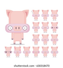 Vector set of 16 pig characters emotions. Animal collection.
