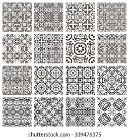 Vector Set of 16 seamless geometric patterns, repeating fabric texture. Isolated design elements collection for Cards or Invitations. Black and white abstract background 