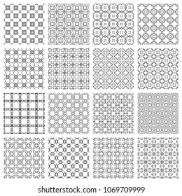 Vector Set of 16 seamless line geometric patterns, repeating fabric texture. Isolated design elements collection for Cards or Invitations. Black and white abstract background 