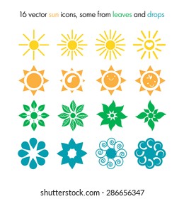 Vector set of 16 sun icons, some from leaves and drops, nature logo, ecology sun icons