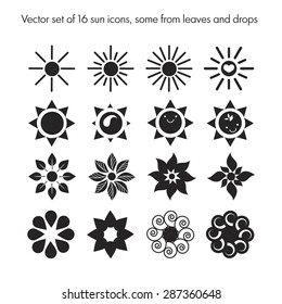 Vector set of 16 sun icons, some from leaves and drops, nature logo, ecology. Suns set. Sun symbols. Sun collection. Sun signs.