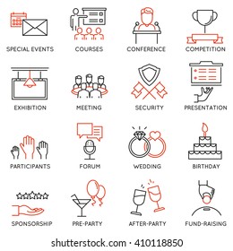 Vector set of 16 thin icons related to event management, event service and special event organization. Mono line pictograms and infographics design elements - part 2