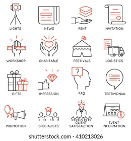 Vector set of 16 thin icons related to event management, event service and special event organization. Mono line pictograms and infographics design elements - part 3