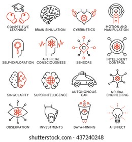 Vector set of 16 thin icons related to artificial intelligence and data science. Mono line pictograms and infographics design elements - part 3