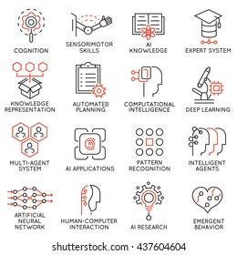 Conjunto vetorial de 16 ícones finos relacionados com inteligência artificial e ciência de dados. Pictogramas de linha mono e elementos de design infográficos - parte 2