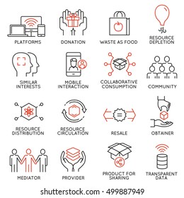 Vector set of 16 thin icons related to altruism, cooperation, collaborative consumption and volunteering. Mono line pictograms and infographics design elements - part 1