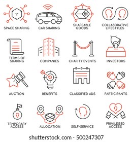 Vector set of 16 thin icons related to altruism, cooperation, collaborative consumption and volunteering. Mono line pictograms and infographics design elements - part 2