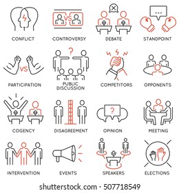 Vector set of 16 thin icons related to  controversy, discussion and competition. Mono line pictograms and infographics design elements 