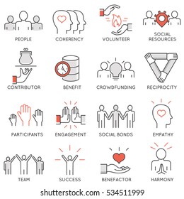 Vector set of 16 thin icons related to altruism, benevolence, human responsible and beneficence. Altruism, Benevolence Icons. Mono line pictograms and infographics design elements