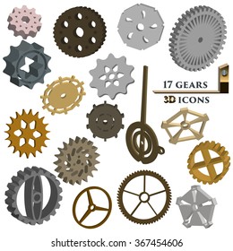 Vector set of 17 3D volume gears. Use the watch mechanisms. Distinctive style of steampunk. Color image on a white background. EPS 10.