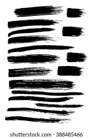 Vector set of 17 different grunge hand paint brush strokes isolated on white background. Vector design grunge elements. Vector abstract brush strokes. Vintage brush strokes. Retro brush strokes.