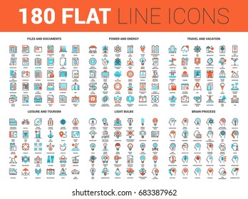 Vector set of 180 flat line web icons on following themes - files and documents, power and energy, travel and vacation, leisure and tourism, light bulbs, brain process