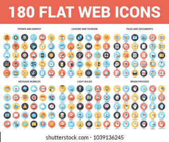 Vektorset von 180 flachen Web-Icons mit langem Schatten auf folgenden Themen - Dateien und Dokumente, Strom und Energie, Nachrichtenblasen, Freizeit und Tourismus, Glühbirnen, Gehirnprozess