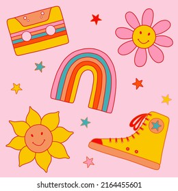 Vector set from 1970 vibe: сassette, rainbow, gumshoes, sunflower and daisy in bright colors.