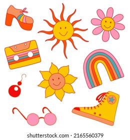 Vector set from 1970 vibe: сassette, rainbow, gumshoes, sunflower, daisy, shoes, sunglasses, sun, earring in bright colors.